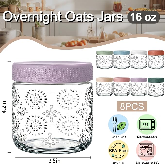 8 pack 16 oz Overnight Oats Containers with Lids, Glass Food Storage Container, Salad Jars, Mason Jars for Overnight Oats, Yogurt, Oatmeal, Salad, Coffee, Spices