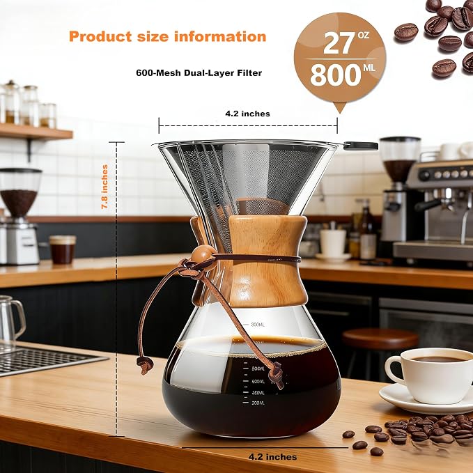 Pour Over Coffee Maker, 8 Cup Borosilicate Glass Pour Over Coffee Dripper with Reusable Stainless Steel Filter, Classic Drip Coffee Maker for Home Café, French Press Alternative
