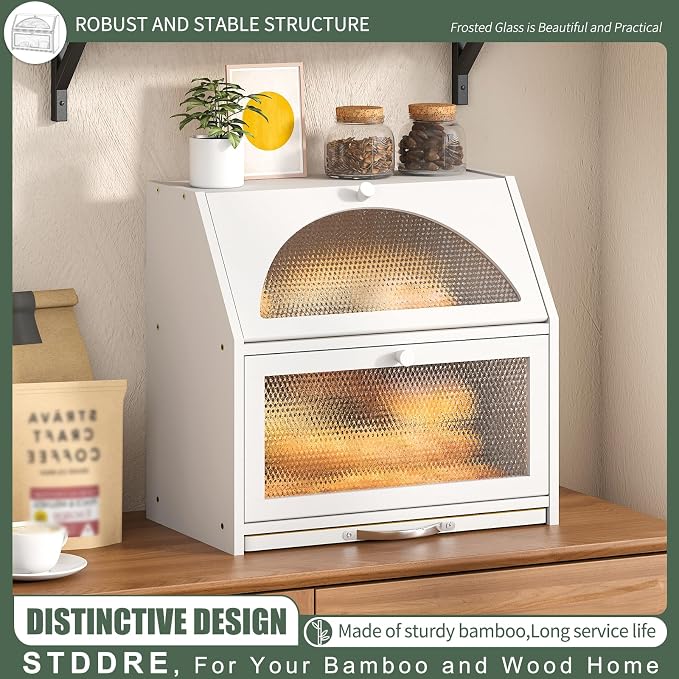 STDDRE Double Layer Bamboo Corner Bread Box with Cutting Board(White) | Extra-large capacity. Double Layer Bread Storage Bin with Door Panel for Kitchen Counter.for kitchen counter