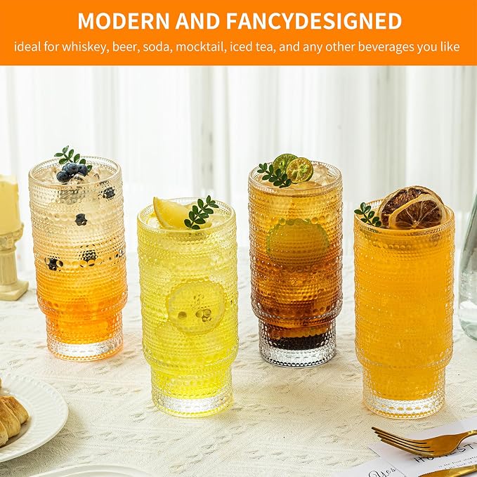 KEMORELA 16oz Hobnail Drinking Glasses with Lids and Straws,4 pack Vintage Glasses Tumbler Cups for Iced Coffee,Tea Glasses,Beer,Cocktail,Ideal for Whiskey,Slip-resistant Embossed Surface