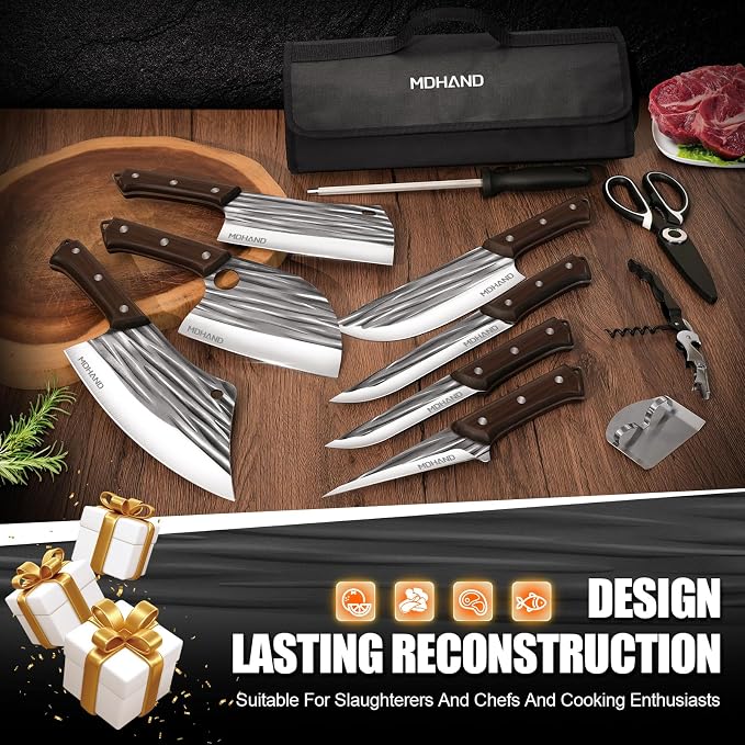 Butcher Knife Set, Hand Forged Kitchen Chef Knife Set with Roll Bag | High Carbon Steel 14PCS Meat Cleaver Knife, Bone Chopper Knives, Fillet Knives for Kitchen, Camping Outdoor BBQ, Gift for Men