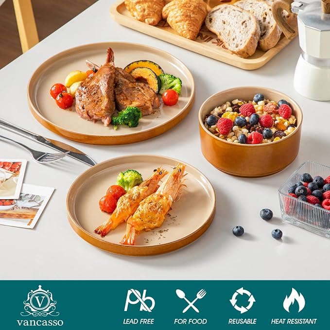 vancasso ONION Ceramic Plates and Bowls Sets, 18 Pieces Brown Dinnerware Sets for Kitchen, Reactive Glaze Dishes Set for 6, Dishwasher and Microwave Safe