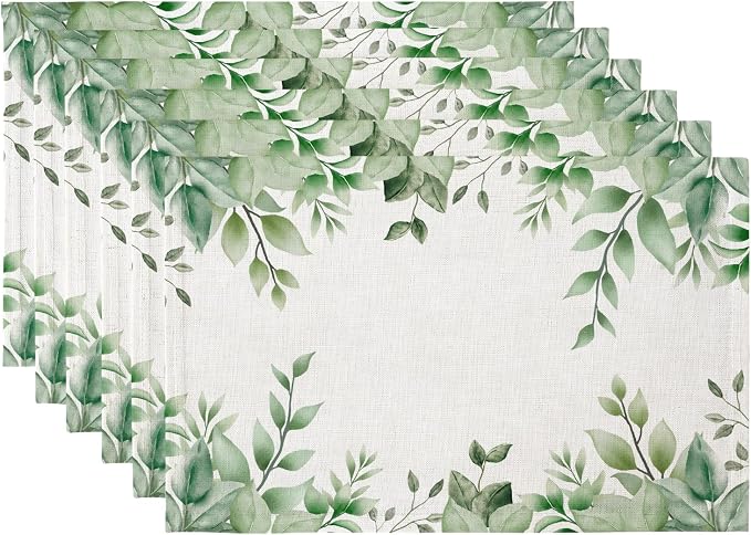 QIYI Boho Table Placemats Set of 6, 12"x18" Linen Place Mats, Green Leaves | Fabric Place Mats for Kitchen Dinning, Farmhouse Rustic Cloth Table Mats, Washable Placemat Party Table Décor