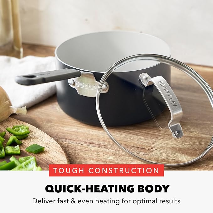 GreenPan x Bobby Flay 1.67QT Ceramic Nonstick Saucepan with Lid, Graphite | PFAS-Free Diamond Ceramic Nonstick Chef Pan, Silicone Handle, Induction & All Stovetop Compatible, Dishwasher and Oven Safe