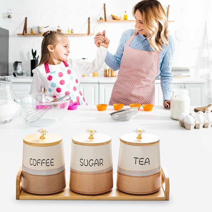 Kimdio Ceramic Canisters Set with Airtight Lids, 22 oz Coffee Canisters Sets for the Kitchen, Large Jars for Flour, Sugar, Pasta, Coffee, Cookies, Tea - Set of 3 - Orange and White