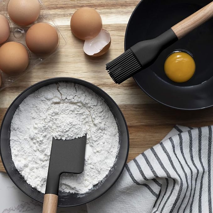 Country Kitchen Non Stick Silicone Utensil Set with Rounded Wood Handles for Cooking and Baking, 6 Piece Set, Black | Rounded Wood Handles, For Cooking and Baking