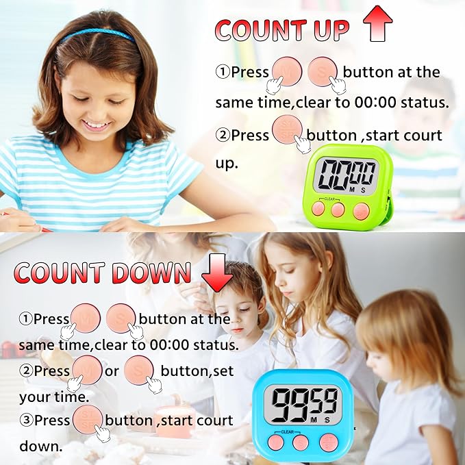 Timer for Kids Digital Kitchen Timers for Cooking- 12 Pack Blue Green | Countdown Timer for Classroom Study Exercise Teacher Supplies, Strong Magnetic, Loud Alarm, Large Screen, Fast Reset, Memory