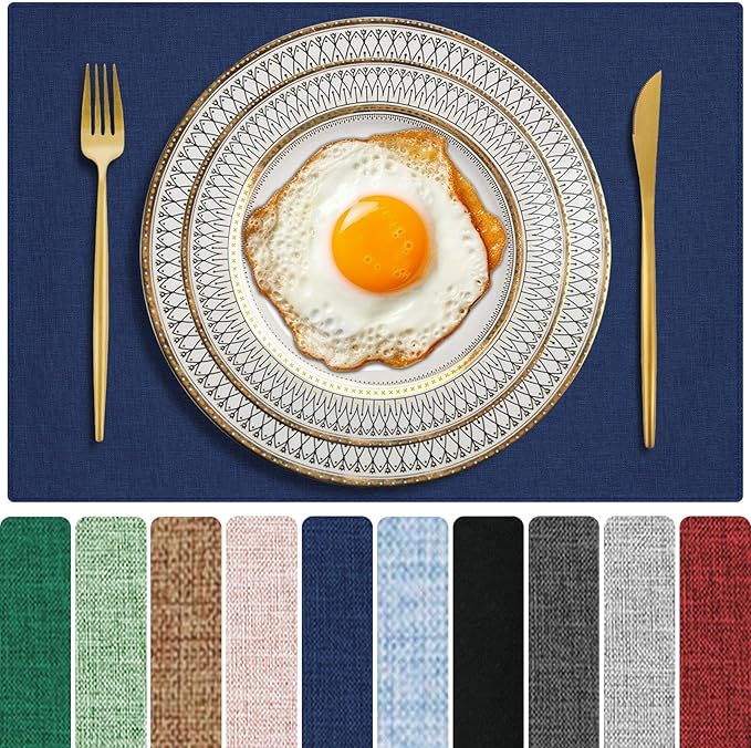Cloth Placemats Set of 6, Cotton Linen Blend Place Mats, Navy Blue | Machine Washable, Double Layered, Heat Resistant, Fabric Dining Table Mats for Kitchen, Indoor & Outdoor, 13" x 19"
