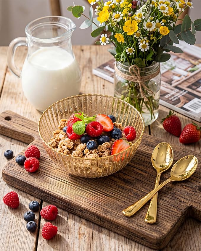 bUCLA 12 PCS Plastic Cereal Bowls Set - 28 Oz Gold Glitter Disposable Vertical Stripes Serving Bowls for Snack, Salad, Dessert & Fruit
