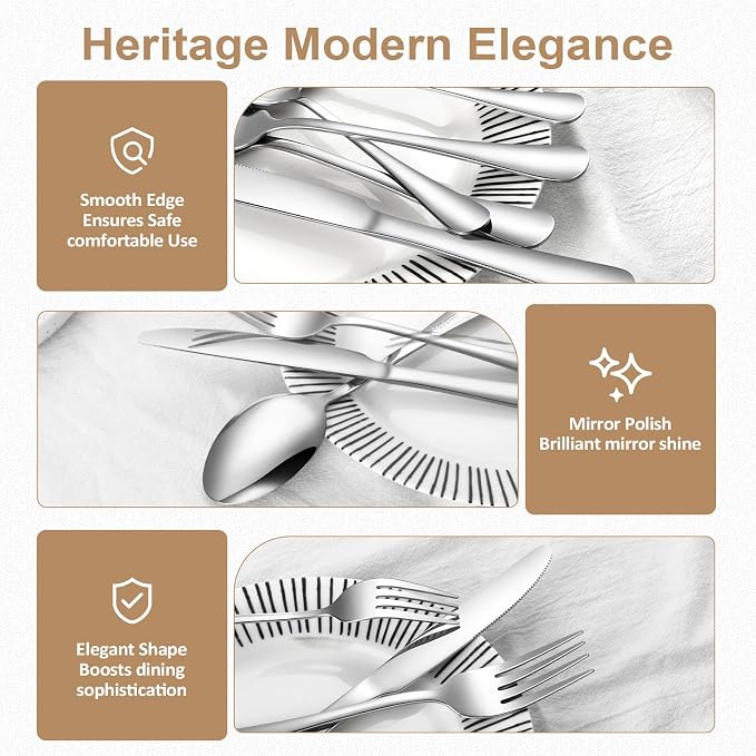 Silverware Set 20 Piece Stainless Steel Flatware Set Silverware Utensils for 4 People Includes Forks Knives Spoons & Salad Forks Dishwasher Safe Durable Tableware for Home Restaurant or Outdoor Use
