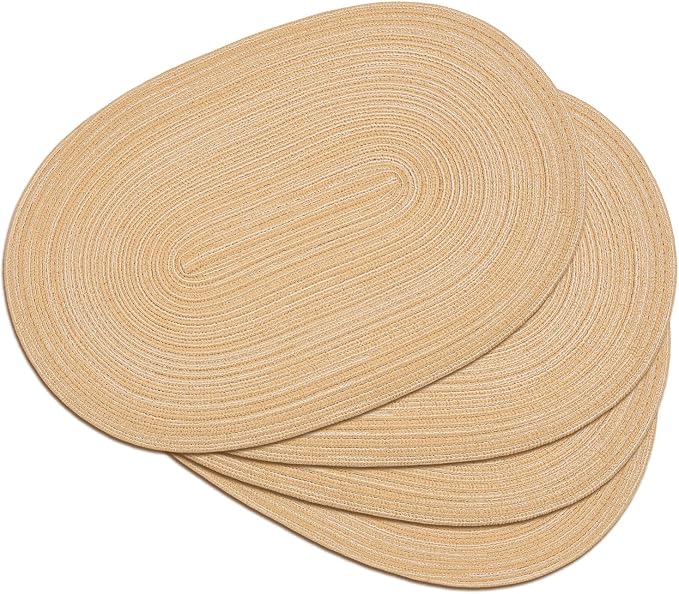Placemats Set of 4, Woven Oval Braided Dining Table Mats(Beige Brown) | 12 x 17.5 Inch Size Fits Plates and Flatware; Hand Washable and Heat Resistant for Kitchen Use, with Farmhouse and Boho Style