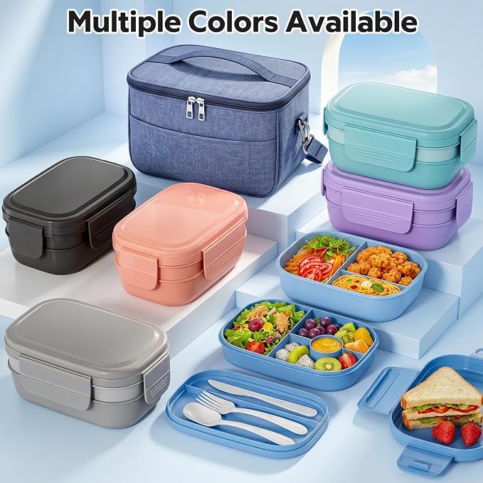 HOMETALL Bento Box Adult with Insulated Lunch Bag - 3 Stackable Leak-Proof Lunch Box Containers for Women & Men - BPA Free Lunchbox with Utensil Set (Spoon, Knife, Fork) for Work, Picnic, Dining Out
