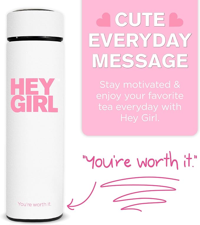 Hey Girl Tea Infuser Bottle 450ml - Insulated Stainless Steel Water Bottle - Tea Tumbler with Tea Diffuser - Portable Travel Mug for Loose Leaf Tea & Infused Water - Tea Lovers Gifts for Women