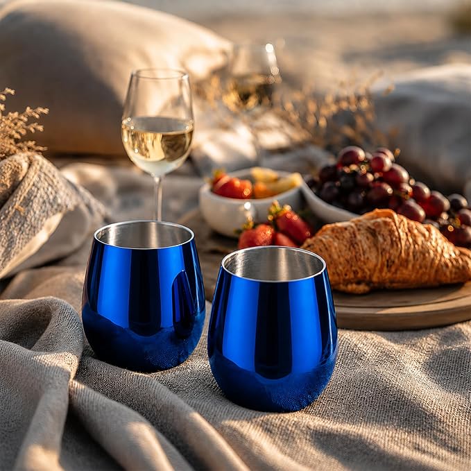 K&K Home Stainless Steel Unbreakable Stemless Wine Glasses - 15 oz - Set of 4 Colored, Stemless Metal Wine Glasses Perfect for Outdoors, Weddings, and Parties (Shiny Blue)