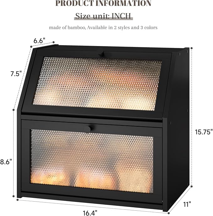 STDDRE Bread Box for Kitchen Countertop Bin Double Layer Bread Box Storage Container Extra Large Capacity with Diamond Pattern Windows (Black, Extra Large)