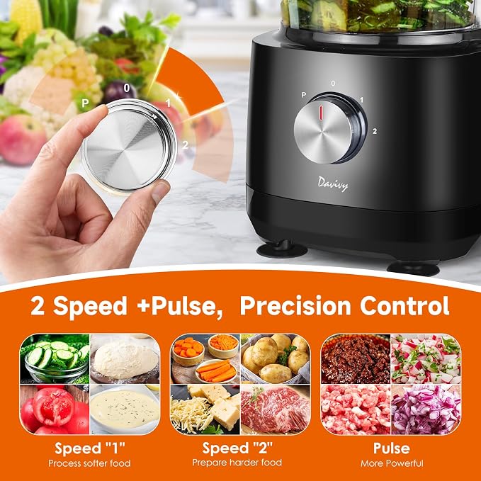 Davivy 7-Cup Food Processor with Storage Drawer, 9-Blade for Home Meal Prep | Cheese Grate, Wavy Slicer Meat Chopper, Dough Kneading, Veggie Salad Shred, French Fries for Party, healthy Snacks, baby food