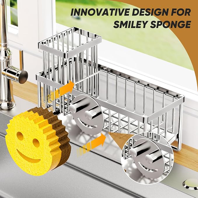 Sponge Holder for Kitchen Sink,Smiley Face Sink Caddy with Removable Brush Holder,Self-Draining Sponge Caddy for Soap,Dish Brush,Scrubber,Kitchen Essentials and Gadgets-Silver