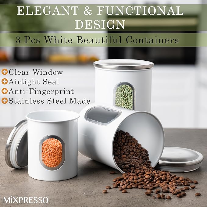Mixpresso 3-Pcs White Canisters Set for Kitchen Storage Airtight Jars | See-through window, coffee container, tea organizer, sugar canister, 3 nesting sizes, counter decor, easy press-on lids