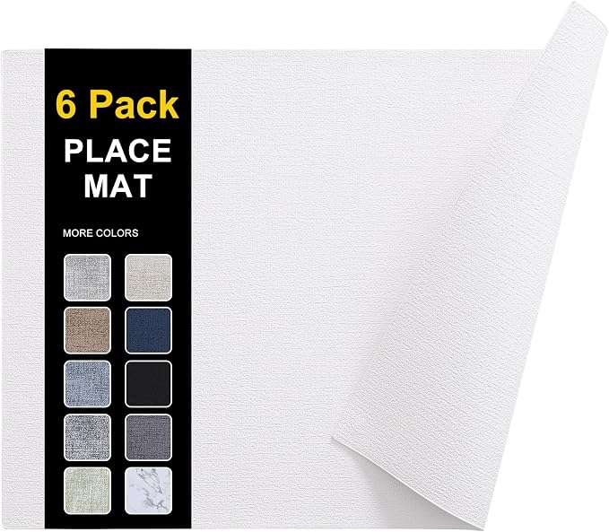 Faux Leather Heat Resistant Placemats 6 Packs, Waterproof Wipeable Dining PU Place Mats for Indoor & Outdoor, Easy to Clean, White