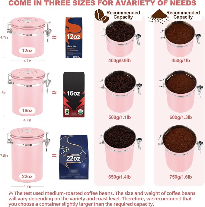 ShanSon Coffee Canister Airtight, Stainless Steel Bean Storage Container with Date Tracker & Scoop, Grounds Sugar Flour Tea Cereal Fits Kitchen Pantry, Ideal Gift for Coffee Lovers,12oz, Pink