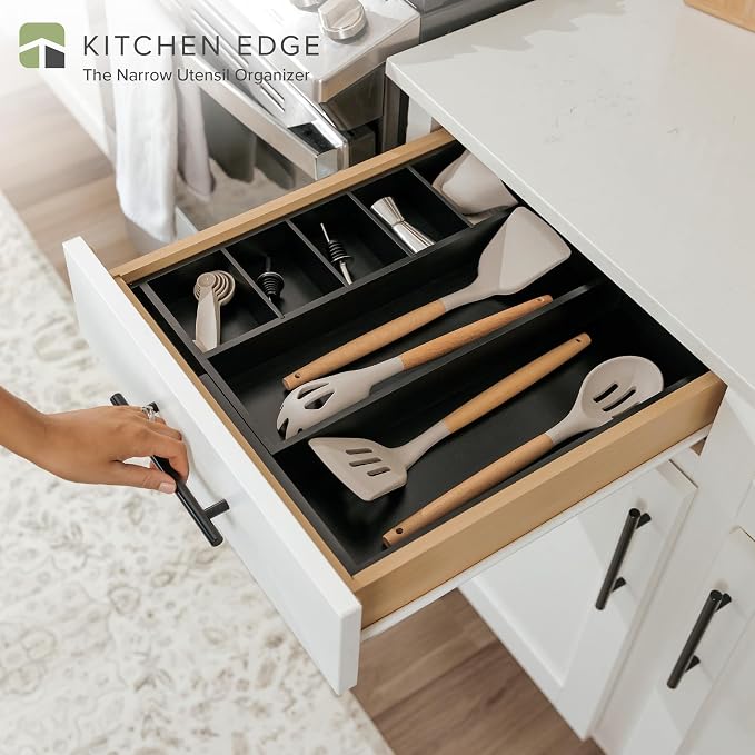 Utensil & Junk Drawer Organizer, 10.5-19 in, Black Bamboo | Food-safe contract grade, 100% sustainable wood, non-slip, adjustable