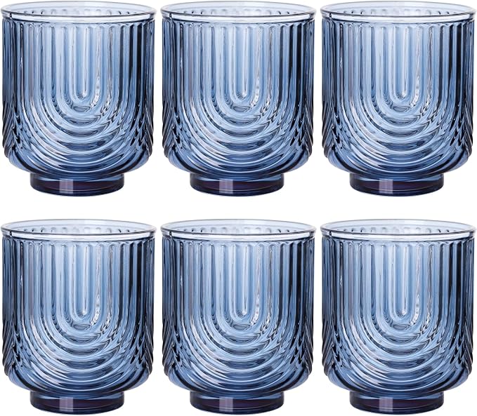 Blue Vintage Drinking Glasses Set of 6-15oz Hand-Blown Highball Ribbed Glassware, Arch Design Cocktail Glasses for Whiskey Water Beverages Ice Coffee Juice Milk