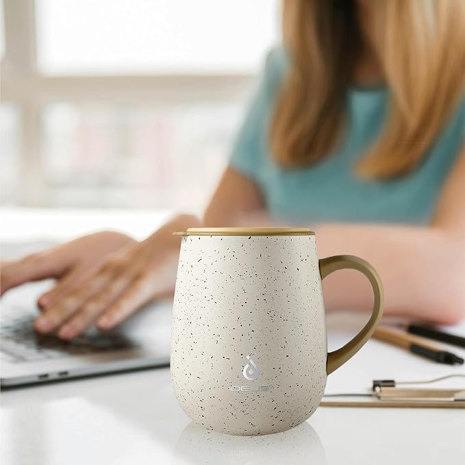 Ideus 16 oz Insulated Coffee Mug with Handle and Lid, Double Wall Stainless Steel Vacuum Thermal Coffee Mug, Travel Coffee Cup Thermal Cup for Home and Office, Eggshell Yellow