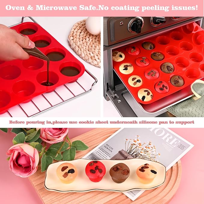 2 Pack Silicone Muffin Pan, Nonsticks 24 Cups Mini Cupcake Pans for Baking Muffin, Egg Bite, Cupcakes and Puddings (Red)