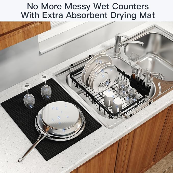 Dish Drying Rack Over The Sink with Utensil Holder, Mat | Expandable Stainless Steel Dish Drainer for Small Kitchen, Apartment, RV, Counter Space Saving, Perfect Fit, Rustproof