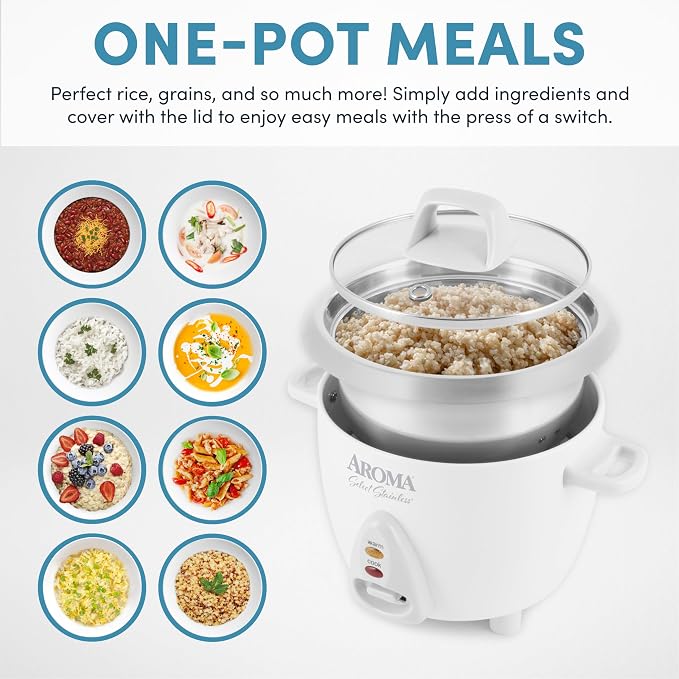 AROMA® Select Stainless® Rice Cooker, 3-Cup (Uncooked) / 6-Cup (Cooked), Stainless Steel Inner Pot, Small Rice Cooker, Auto Keep Warm, 1.2 Qt, White, ARC-753SG