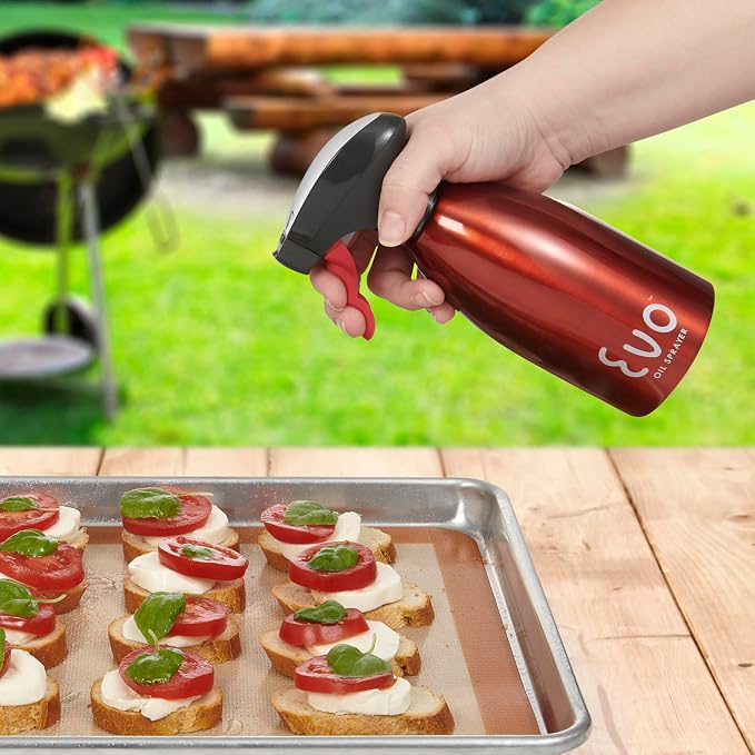 Evo Oil Sprayer Bottle, Non-Aerosol for Olive Oil and Cooking Oils, 18/8 Stainless Steel, Red, 16-ounce Capacity