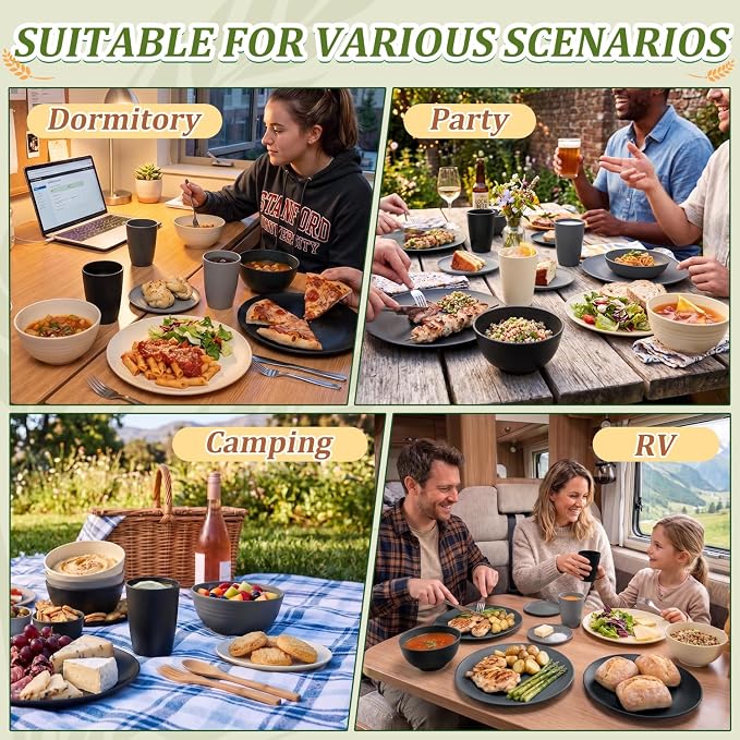 PYRMONT 40-Piece Premium Wheat Straw Dinnerware Sets Unbreakable Plates and Bowls Sets for 8-Cereal Bowls,Kitchen Cups,Dining Plate Set for Patio,Outdoors,Beach-Grey Stone