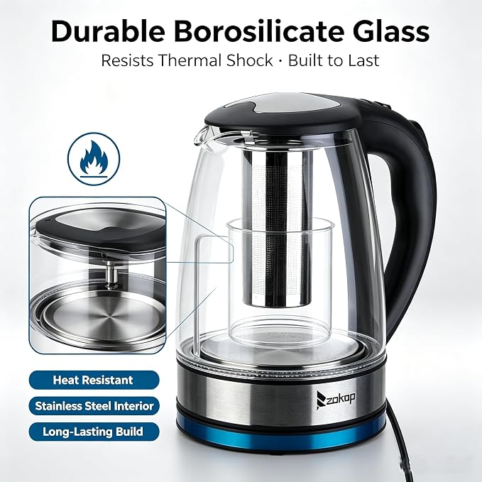 Electric Kettle, 7 Colors LED, Removable Tea Infuser, Glass Tea Kettle, 360° Swivel Base, BPA Free, Stainless Steel, Auto Shut-Off, Boil Dry and Overheat Protection for Coffee 1.8 L