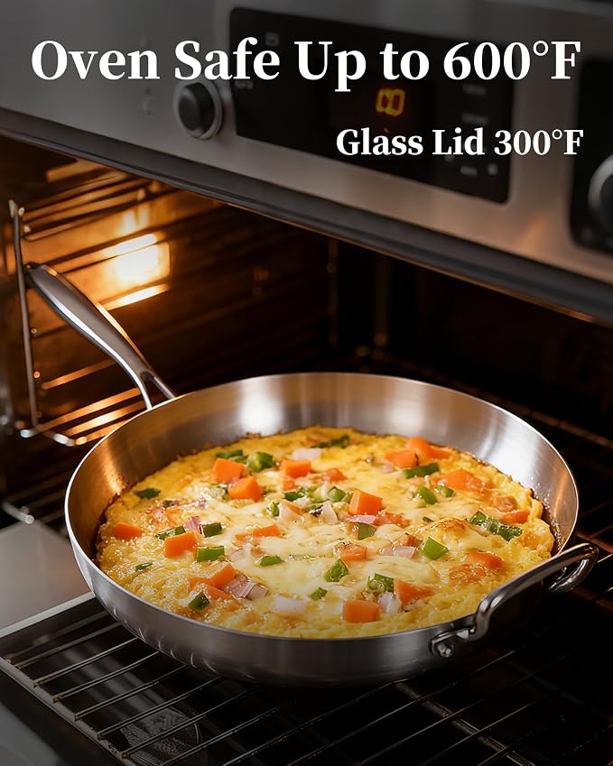 14-Inch Tri-Ply Stainless Steel Frying Pan with Lid | Large Size | Detachable Handle | Induction Compatible | Oven & Dishwasher Safe | Ideal for Frying, Sautéing & Simmering | Serves for 4-8