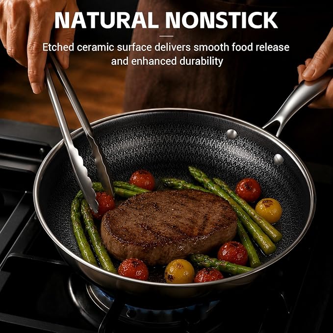 Ammeloo Hybrid Tri-Ply Stainless Steel Frying Pan Set, 8"/9.5"/11" Cooking Pans, Non Stick Frying Pans and Skillets, Chef Pan, Non Toxic, Dishwasher Safe, Induction Compatible, Black Interior