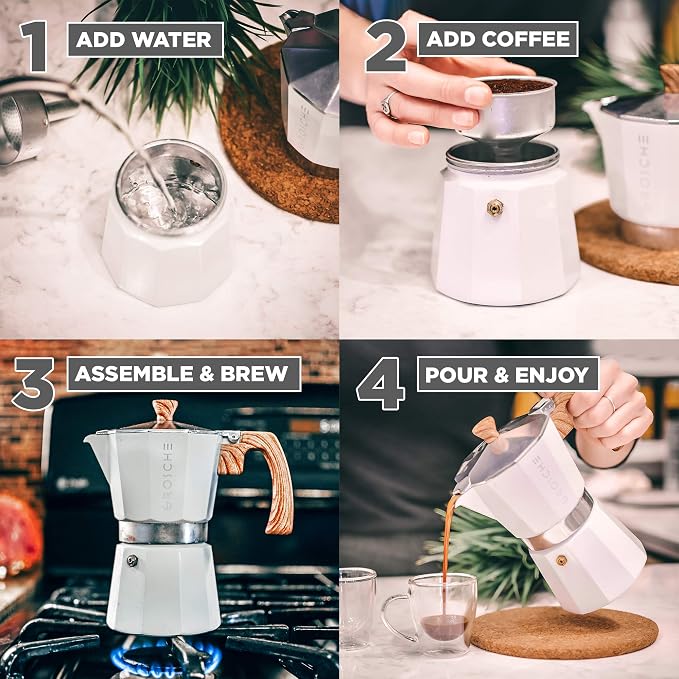 GROSCHE Milano Stovetop Espresso Maker Moka Pot 6 espresso Cup 9.3 oz White | Cuban Coffee Maker And Italian Moka Pot For Stovetop Espresso; For Gas, Electric, And Propane Stoves With A Soft-Touch Handle