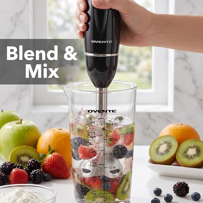 OVENTE Electric Hand Blender Set with 2 Mixing Speeds, 300W Black HS565B | Corded Immersion Handheld Stick Mixer with Stainless Steel Blades, Egg Whisk, Beaker & BPA-Free Food Chopper