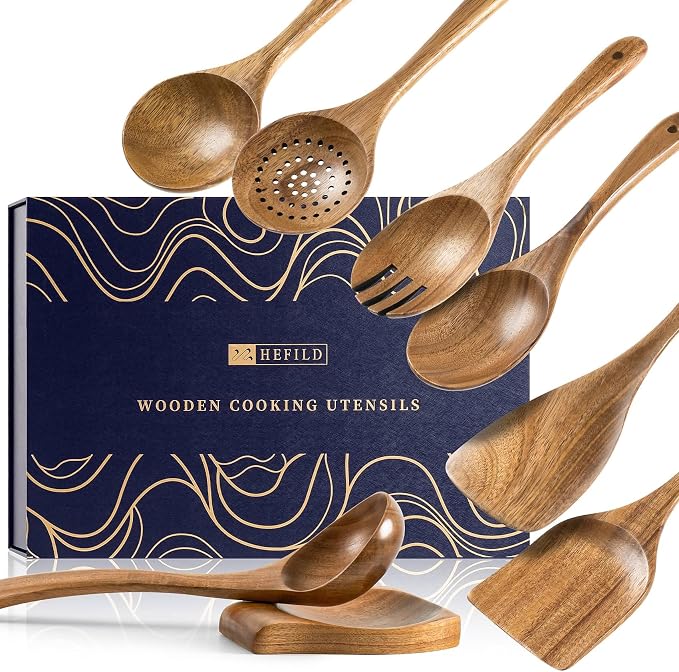 Wooden Spoons for Cooking, 8-Piece Acacia Wood Utensil Gift Set | Spoons and spatulas stir, mix, flip and serve; gift-ready box makes it ideal for housewarmings, weddings and new kitchens.