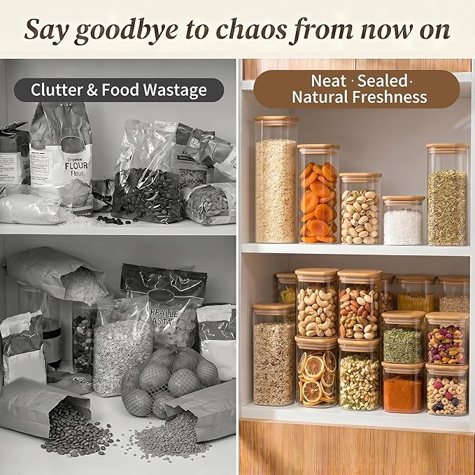 24/ 37/ 51 Oz Glass Jars - 6 Pack Food Storage Containers with Lids Square | Food-grade durable clear canister, Bamboo seal cover, Stackable, BPA-Free, for sorting oats, Coffee beans, Snacks & More