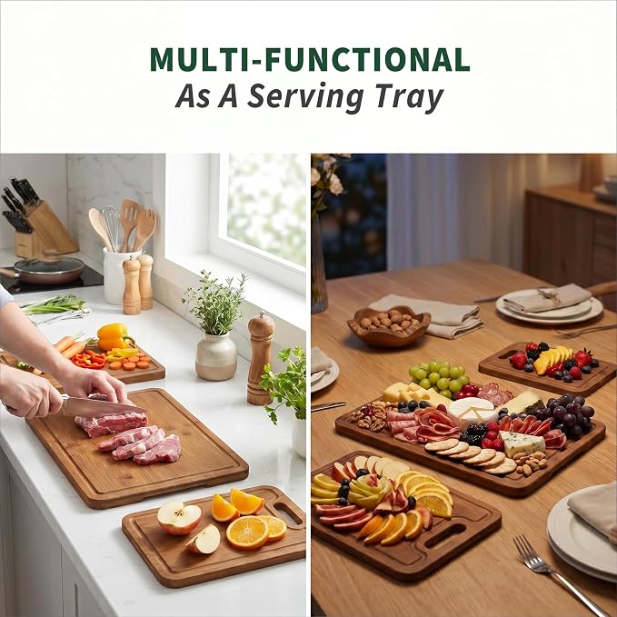 Bamboo Cutting Board Set with Holder, 3 Piece Carbonized Wood Chopping Boards for Kitchen, Charcuterie Board & Serving Tray with Juice Groove, Kitchen Gift Set with Gift Box for Housewarming