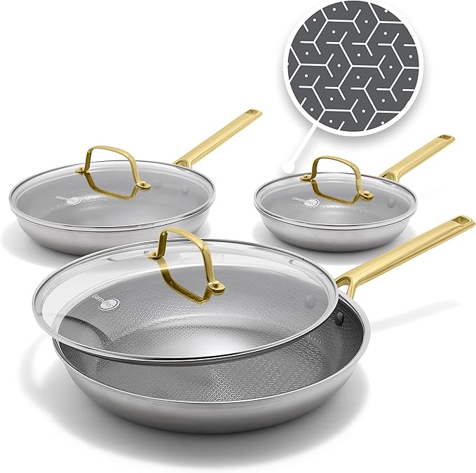 GreenPan Hybrid 6 Piece (8",10" & 12") Stainless Steel Skillets with Lids | APEX Tri-Ply Frying Pans, PFAS-Free Nonstick, Induction & All Cooktop Compatible, Dishwasher & Oven Safe up to 850F, Gold