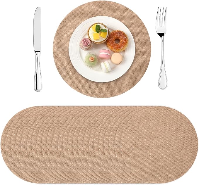 24 Pcs 11.8 Inch Burlap Round Placemats Bulk, Natural Table Mats | Jute Fiber Placemats, Heat Resistant Non Slip, Holiday Weddings Birthday Party, Kitchen Dining Table Decorations