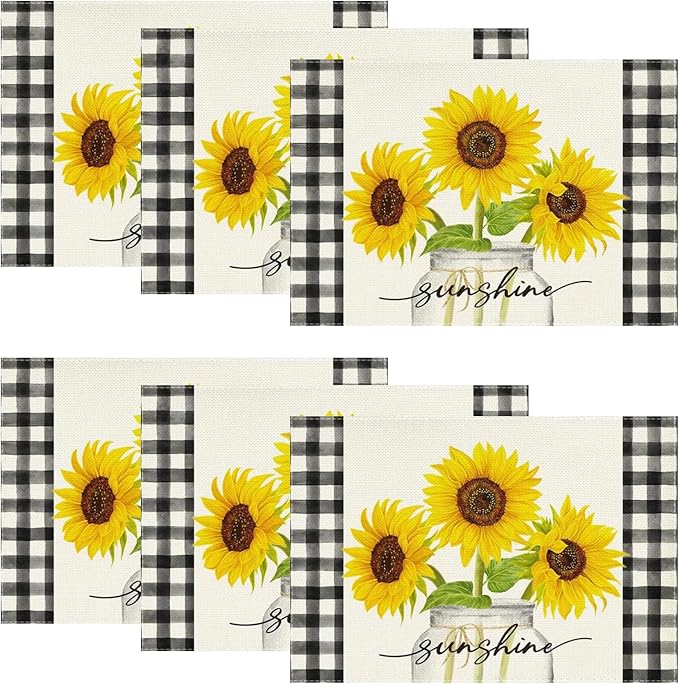 Sunflower Placemats Set of 6, 12x18 Inch Sunshine Vase Summer Spring Table Mats for Holiday Party Kitchen Dining Room Decoration