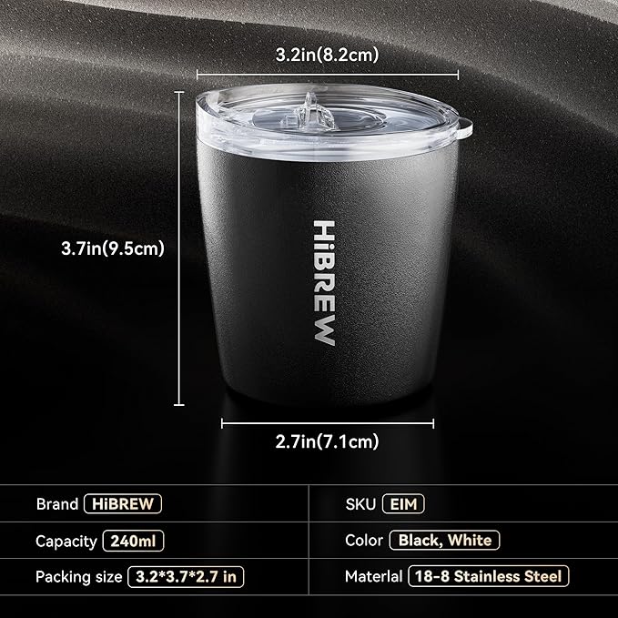 HIBREW Espresso Insulated Mug - 8oz / 240ml - 18/8 Food Grade Stainless Steel (Black)