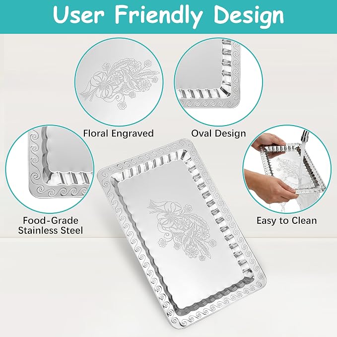 6-Pack Silver Serving Trays Set (14" x 9") – Swirl Floral Engraved Serving Platters for Parties, Weddings, Birthdays, Festive Occasions – Mirror Trays for Charcuterie, Cookies, Desserts, Snacks, Fruit