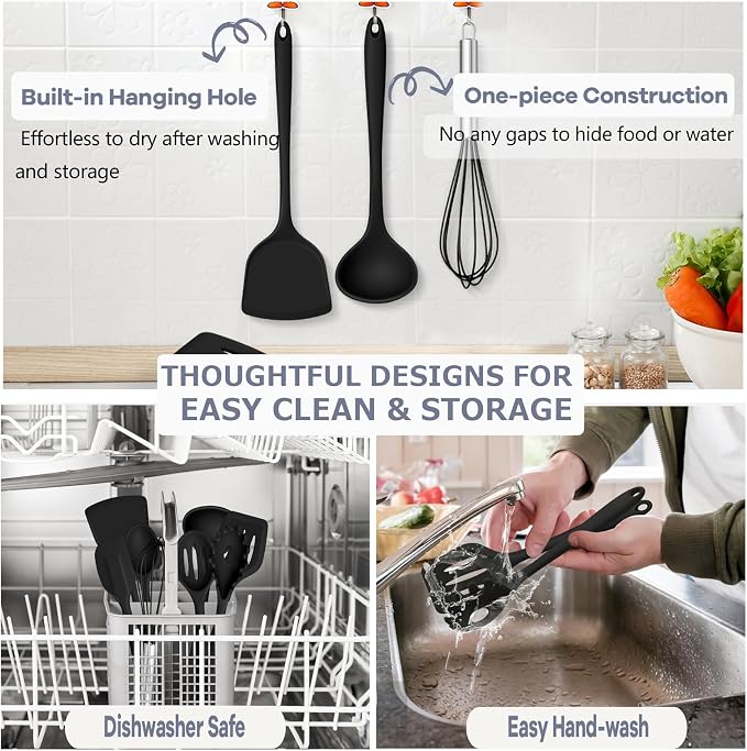 TeamFar Silicone Cooking Utensils, 10 pcs Kitchen Cooking Utensils Set | Heat Resistant Kitchen Gadgets Tools Set w/Spatula, Turners, Spoons, Soup Ladle, Pasta Server for Nonstick Cookware, Black