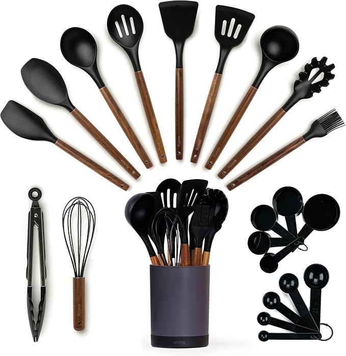 SMIRLY Silicone Kitchen Utensils Set, 22-Piece Acacia Wood Handle, Black | Cooking Utensils Set, Spatula Set with Utensils Holder, Heat-Resistant Silicone Heads, for Nonstick Cookware, BPA Free