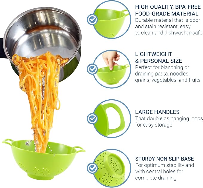 Meadow Lane 6-Inch Small Colander, 3-Cup Food Strainer, Meadow Green | BPA-free, dishwasher-safe mini colander has a wide, shallow bowl, 1/8-inch holes, two handles, ring foot and smooth edges.