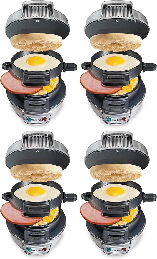 Hamilton Beach Breakfast Sandwich Maker with Egg Cooker Ring,Customize Ingredients,Perfect for English Muffins,Croissants,Mini Waffles,Perfect White Elephant Gifts,Silver (25475),(Pack of 4)