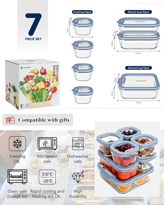 7-Pack Glass Food Storage Containers with Tempered Lids – Borosilicate, Airtight, Oven-Safe (-4°F~950°F), BPA-Free, 1Cup*4 & 2.3Cup*2 & 5.7Cup*1(Light blue)